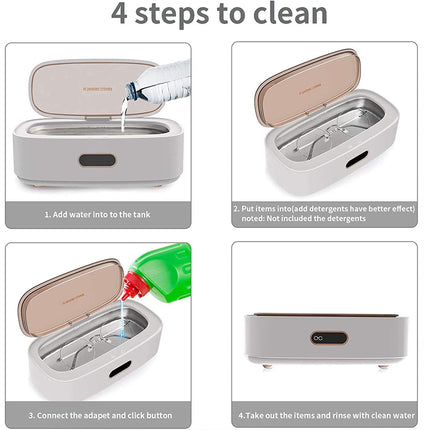 A 4-step instructional graphic titled '4 steps to clean' showing how to clean an electric travel phone charger. The steps include adding water to the tank, putting items into the cleaning solution, connecting the adapter and clicking the button, and taking out the items to rinse with clean water.