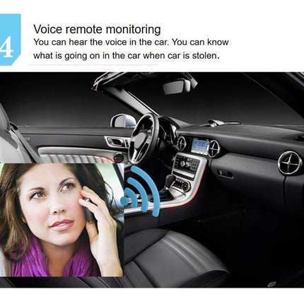 Car interior with voice remote monitoring feature and a woman on the phone.