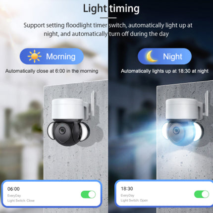 A promotional graphic for a smart security camera showing two side-by-side panels labeled Morning and Night under the heading Light timing. The left panel shows the camera off at 06:00, and the right panel shows it lighting up at 18:30, with text explaining automatic light switch settings at sunrise and sunset.