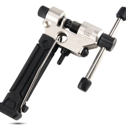 Metal tool with black handles on a white background