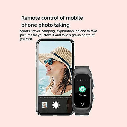 A promotional graphic showing a smartphone and a smartwatch on a pale pink background, with text describing remote control of mobile phone photo taking. The phone screen displays a photo of a woman in a straw hat, and the watch screen shows a camera interface labeled 'Photo'.