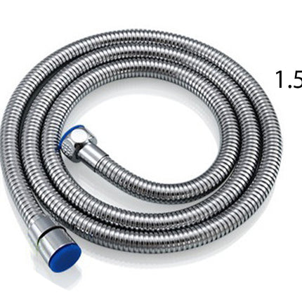 Coiled stainless steel shower hose with blue connector on a white background