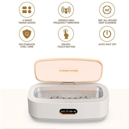 A white and beige ultrasonic cleaner with its lid open, shown below six feature icons on a white background. The icons highlight features such as 4 smart timing modes, 45000Hz high frequency vibration, 360-degree deep cleaning, a 304 stainless steel tank, touch button operation, and an auto shut-off function.