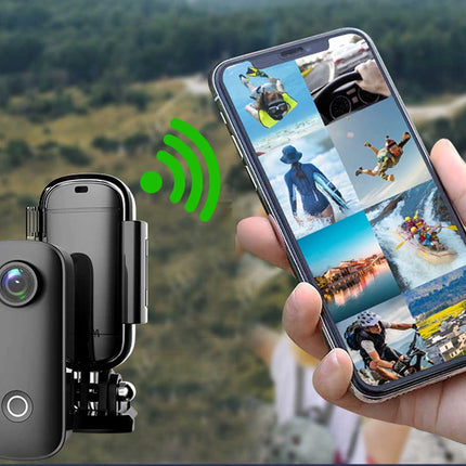 Action camera with smartphone displaying action video footage in a natural setting