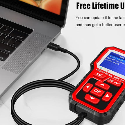 Automotive diagnostic tool connected to a laptop with text about free lifetime updates.