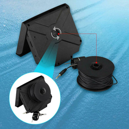 Black reel-to-reel tape player with cable on a blue textured background