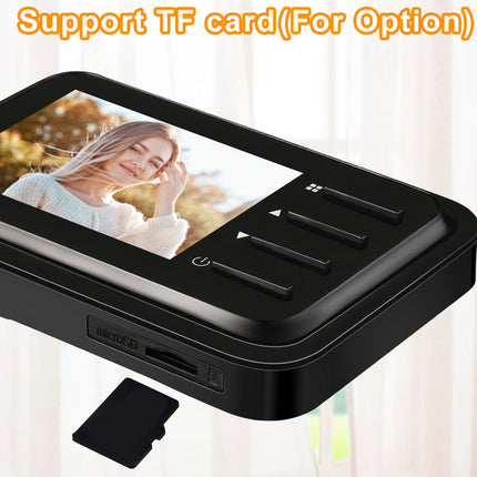 Black portable video recorder or digital camera with a screen showing a woman's photo, featuring four control buttons and a USB port with an SD card shown below. Orange text at the top reads 'Support TF card (For Option)'.