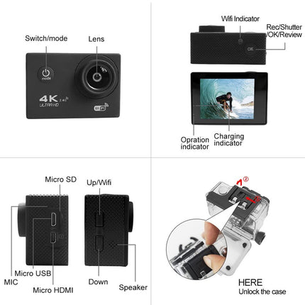 Diagram of an action camera with labeled parts on a white background