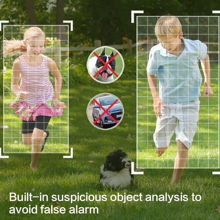Two children playing in a grassy area with security camera-style frames around them, featuring a dog and car icon with red crosses.