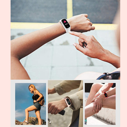 A collage showing a smartwatch being worn on a wrist, with close-up views of a person checking the screen and another person adjusting the watch outdoors.