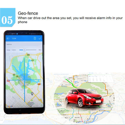 Smartphone displaying a map with a red car and text about geo-fencing on a white background