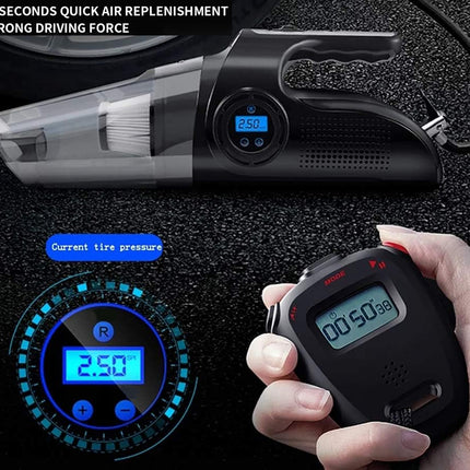 A black handheld tire air pump and tire pressure gauge set, shown with a hand holding the gauge, a tire pressure display graphic, and promotional text on a dark textured background.