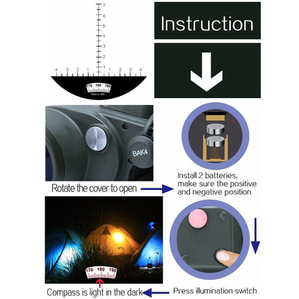 Instructions for using a compass with battery installation and illumination switch.