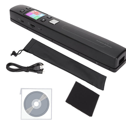 Black handheld scanner with accessories on a white background
