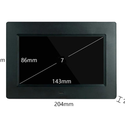 Black 7-inch digital display panel with dimension annotations showing 143mm height, 204mm width, 86mm screen width, 143mm screen height, and a 24mm depth on a white background.