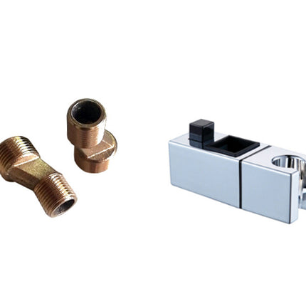 Two brass plumbing fittings and a chrome valve on a white background