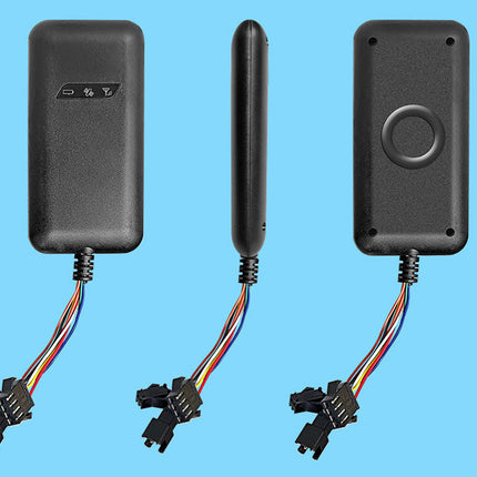 Three black electronic devices with antennas and wiring on a blue background