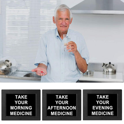 Man holding a glass of water with text prompts for taking medication at different times in a kitchen setting.