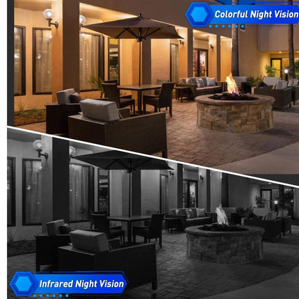 Outdoor patio area with furniture and fire pit, shown with colorful and infrared night vision effects.
