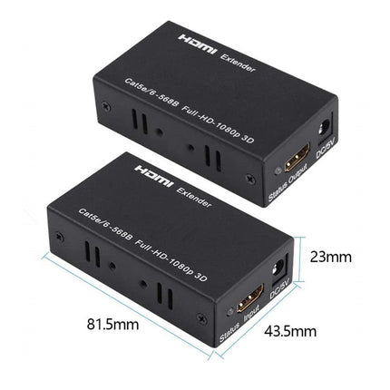 Two black HDMI extenders with dimensions labeled on a white background