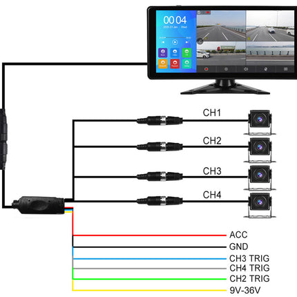 Diagram of a surveillance system with multiple cameras connected to a monitor, showing wiring connections.