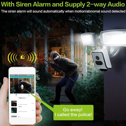 Security light with siren alarm and smartphone app interface on a dark background