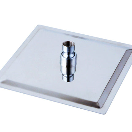 Square metal drain cover with a central cylindrical drain plug on a white background