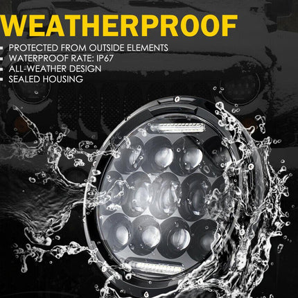 Weatherproof LED light with water splashes on a dark background