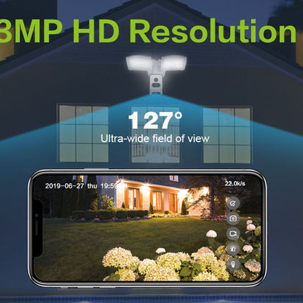 Outdoor security camera system with 3MP HD resolution and 127-degree field of view, displayed on a smartphone screen.