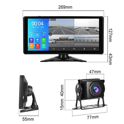 Dimensions of a car monitor and camera system with a white background