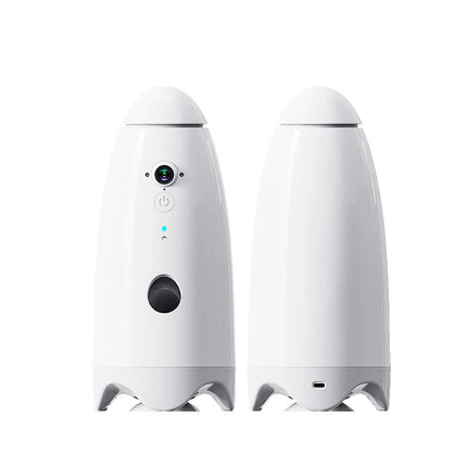 Two white electronic devices with a central button on a white background