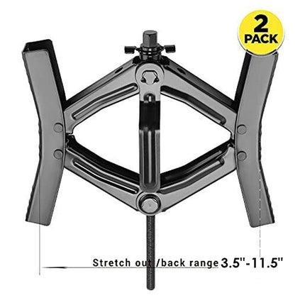 A 2-pack of black metal spring clamps with a yellow '2 PACK' badge in the top right corner and a dimension line showing the stretch-out/back range of 3.5"-11.