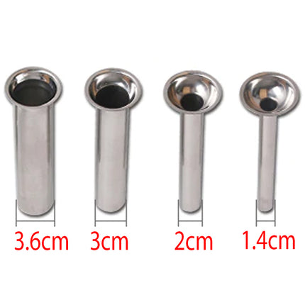 Set of four metal ice cream scoops with measurements on a white background