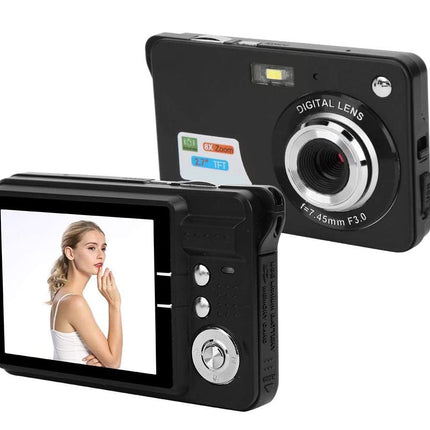 Digital camera with screen displaying a person's face on a white background