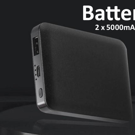 Black power bank with 'Battery 2 x 5000mAh' text on a dark background