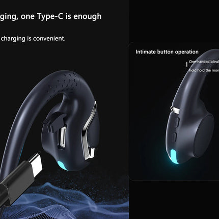 Black wireless earbud charging case shown in two close-up views on a dark background, with one view showing a USB-C connector and the other showing a side button with a blue light. White text includes 'For charging, one Type-C is enough' and 'Intimate button operation'.